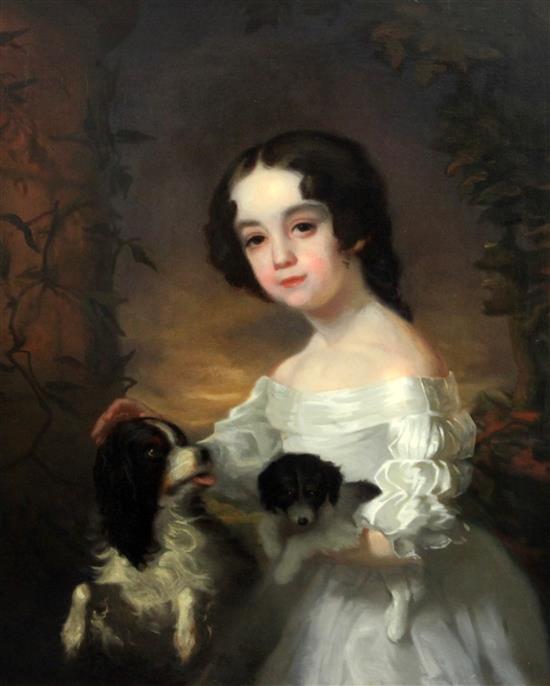 After Sir William Beechey (1753-1839) Portrait of a girl in a white gown holding two puppies 30 x 25in.